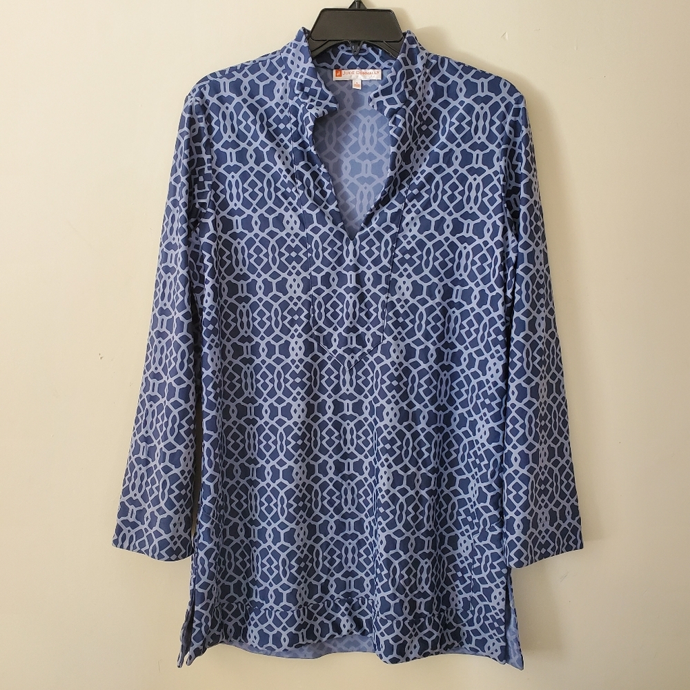 Jude Connally Tunic Length Abstract Top With Stretch Size Large Blue 3/4 Sleeve
